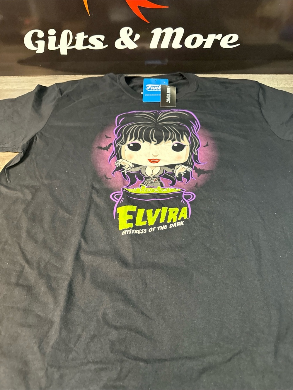 Hot Topic Black mens Elvira Graphic Tee with Purple and Neon Green Art